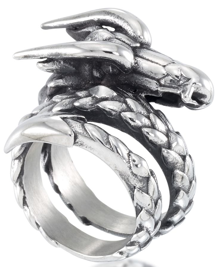 Enter the dragon with this fantastical men's coiled dragon statement ring from Andrew Charles by Andy Hilfiger. Coil Ring, Enter The Dragon, Steel Signs, Ring Sizer, The Dragon, Statement Ring, Statement Rings, Jewelry Watches, Rings For Men