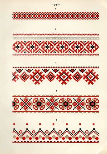 an old fashioned cross stitch pattern with red and black designs on white paper, including two rows