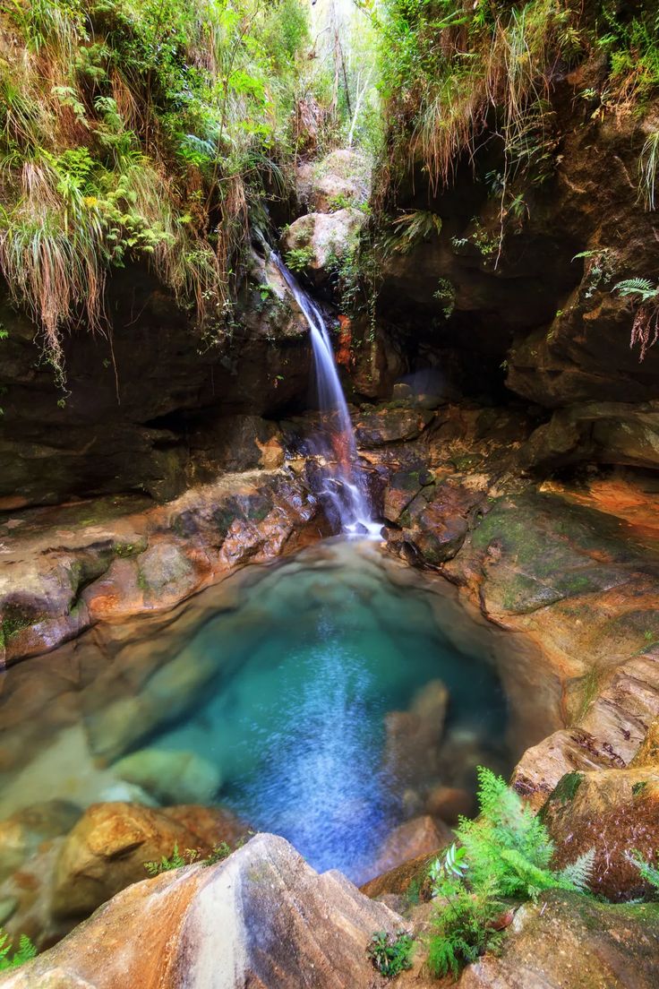 a small waterfall in the middle of a forest with blue water running down it's sides