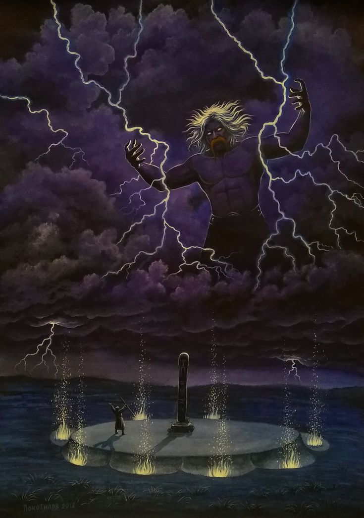 a painting of a man standing in the middle of water with lightning coming from behind him