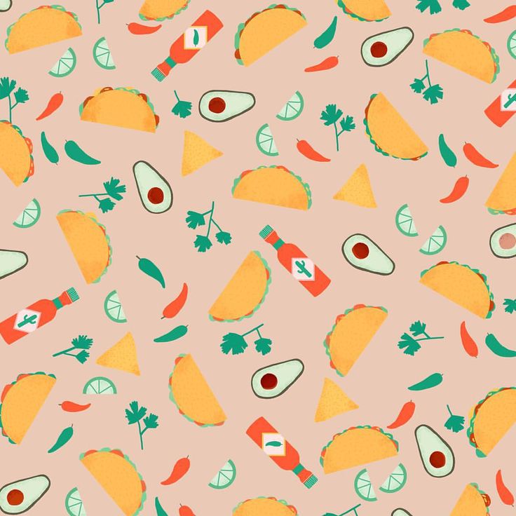 seamless pattern with mexican food items on pink background, including tortillas and guacamole