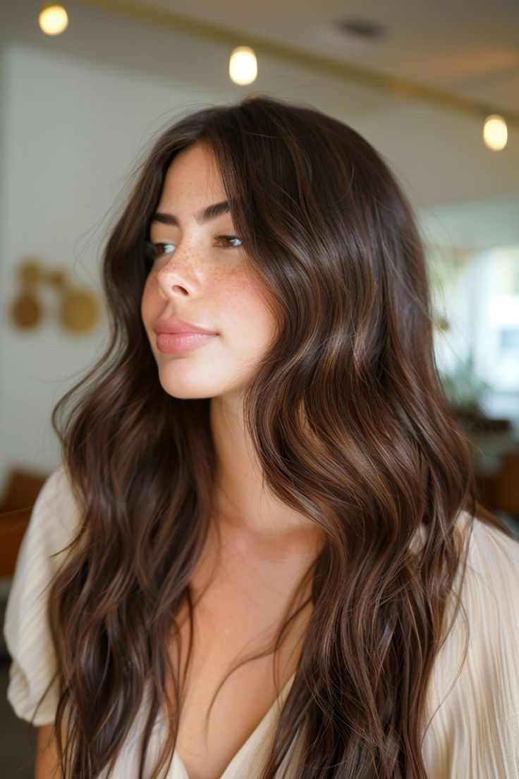 Woman with long wavy brown hair looking to the side in a well-lit room. Olive Tan Skin Hair Color, Brown Hair For Olive Skin Tone, Milk Chocolate Brunette, Multidimensional Highlights, Chocolate Glaze Hair, Glaze Hair Color, Classic Balayage, Brown Hair Olive Skin, Dark Golden Brown Hair