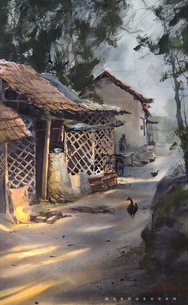 a painting of an old shack in the woods