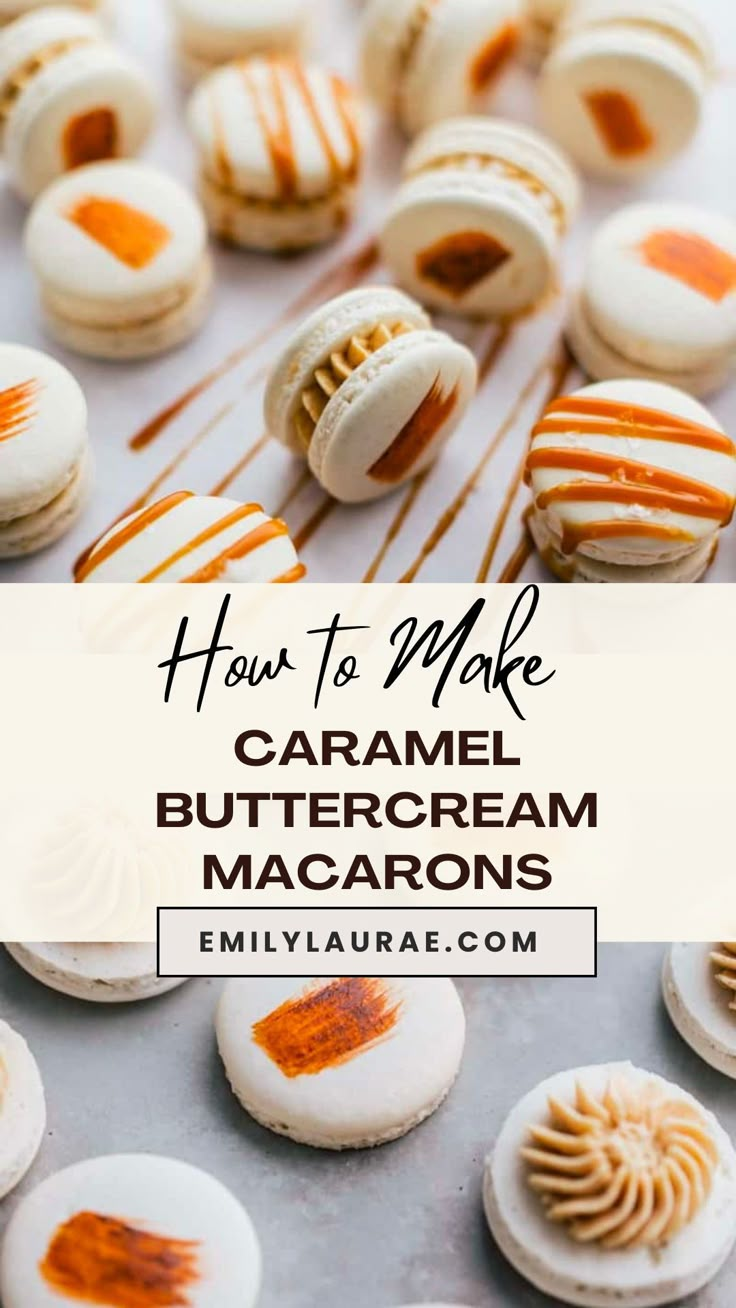 homemade caramel buttercream macarons on a baking sheet with text overlay