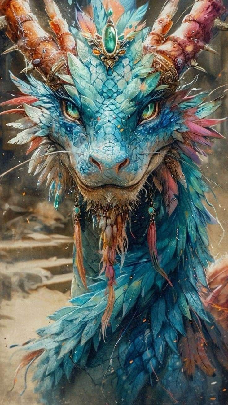 a painting of a dragon with feathers on it's head and horns, in the middle