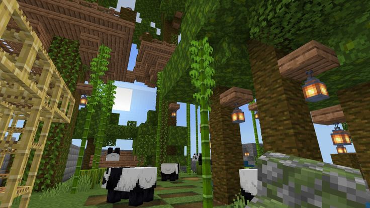 several pandas are walking through an area with trees and lanterns on the ceiling in minecraft