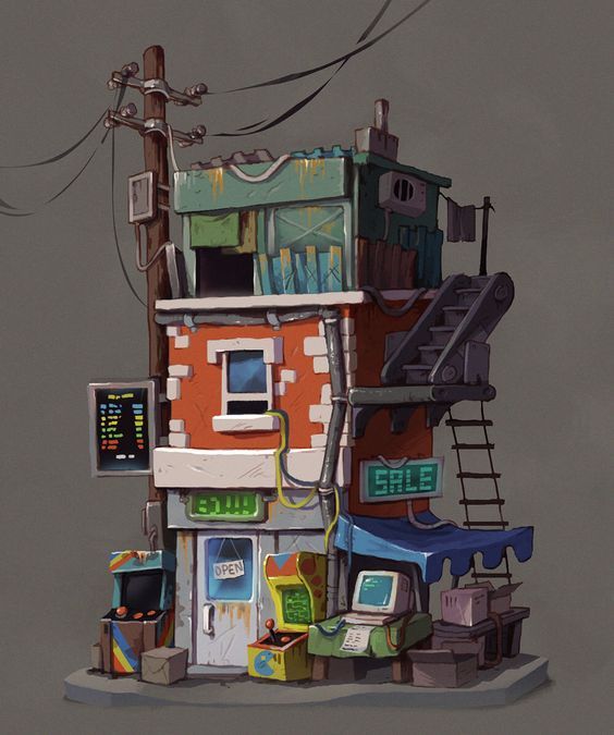 a drawing of a building made out of various items