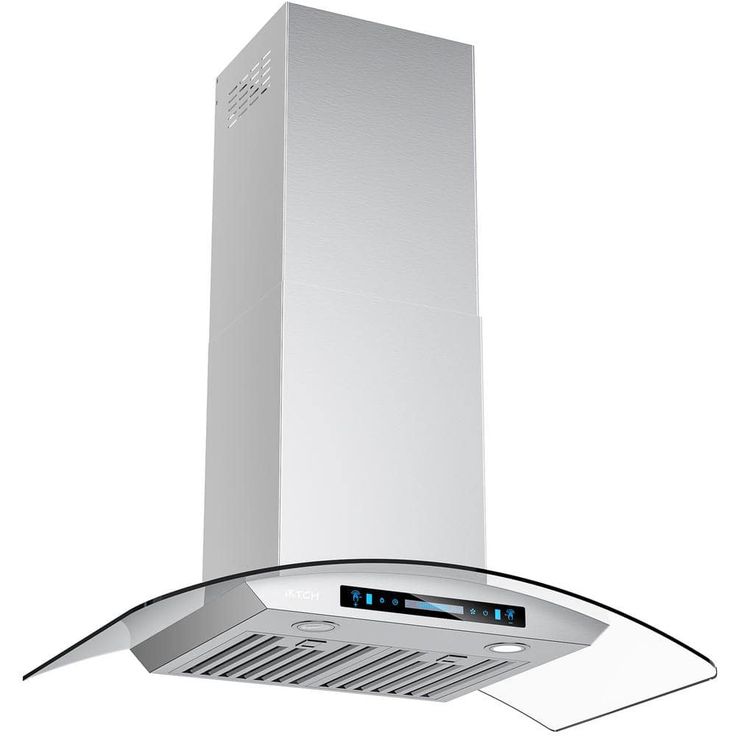 a stainless steel range hood with blue lights on the front and side panels for ventilation