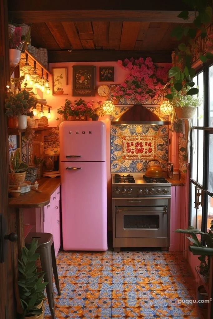 a pink refrigerator freezer sitting inside of a kitchen next to a stove top oven