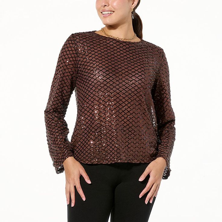 TWRHLL by Christie Brinkley Sequin Crew-Neck Top  TWRHLL is keeping you warm and bright this fall and winter with a twinkling, long-sleeve top that also transitions into spring. The sequin-detailed layer is so fab for styling with lots of looks—jeans when you're feeling more relaxed, fun skirts and sleek pants when you're feeling more festive, and peeking out from under a cardi or blazer when you're feeling more playful. Brown Winter Party Tops, Fall Tops For Night Out, Winter Party Brown Tops, Festive Fitted Tops For Fall, Fitted Tops For Fall Festivities, Fitted Tops For Festive Fall Season, Fitted Tops For Festive Fall Occasion, Brown Tops For Fall Night Out, Brown Fall Top For Night Out