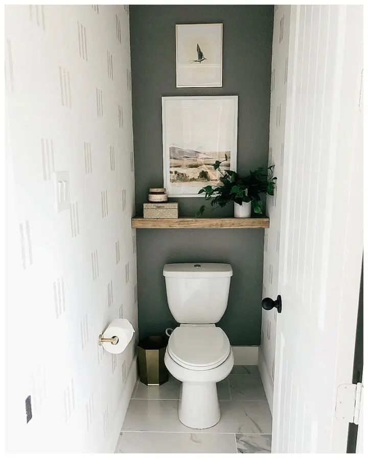 a white toilet sitting inside of a bathroom next to a wall mounted art above it