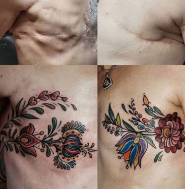 four different pictures of the same person's chest with tattoos on them and flowers