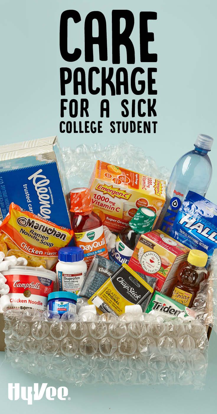 an advertisement for college student care packages in a plastic container with the words, care package for a sick college student