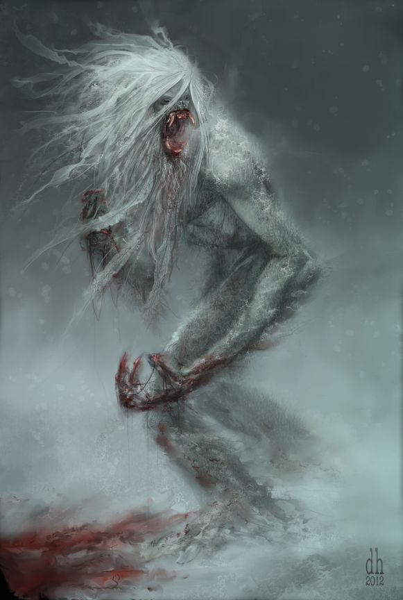 a painting of a man with white hair and blood on his face, standing in the snow