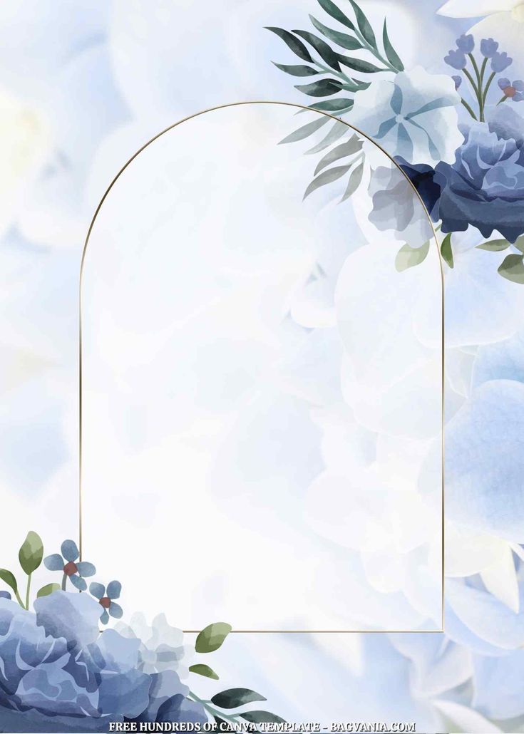 blue flowers and greenery with a gold frame in the middle on a white background