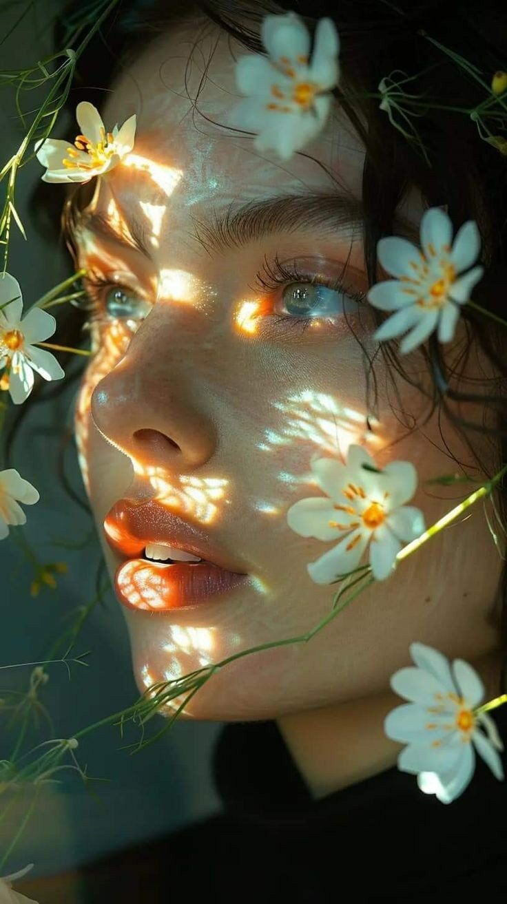 a woman with flowers in her hair and light shining on her face behind her head