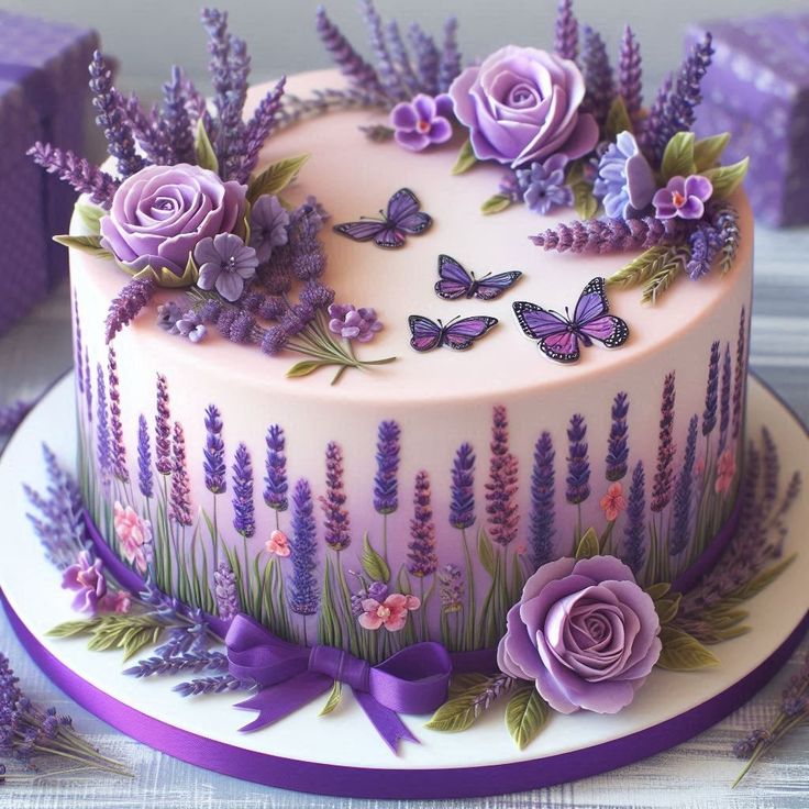 a cake decorated with purple flowers and butterflies