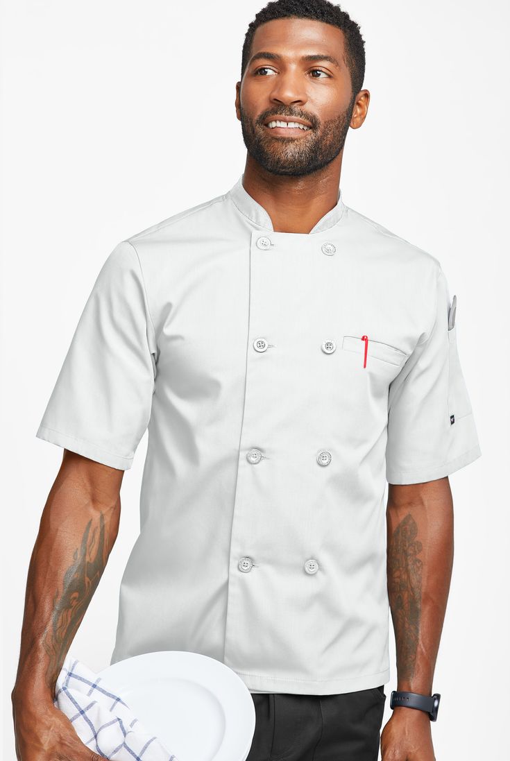 This chef coat keeps it simple with cool fabric and easy double-breasted styling. Stand collar. Short sleeves. A center back vent for ease. You don’t fade when the heat is on – and neither will Chef Lightweight. Crisp blended fabric won’t weigh you down, stays cool and vibrant wash after wash • Classic Fit • Stand collar • Double breasted • Button closure • Total of 2 pockets • 1 single-welt chest pocket • 1 thermometer pocket on left sleeve • Short sleeves • 2-piece back • Center back vent • Ap Modern Fitted Short Sleeve Outerwear, White Short Sleeve Outerwear For Work, Chefs Uniform, Chef Uniforms, Bistro Apron, Chef Wear, Chef Uniform, Compression Wear, Chef Coat