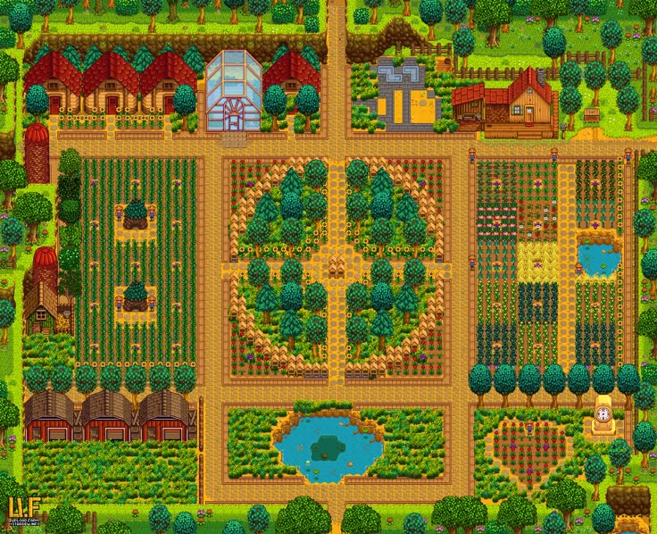 an aerial view of a farm with lots of trees and buildings on the land, surrounded by