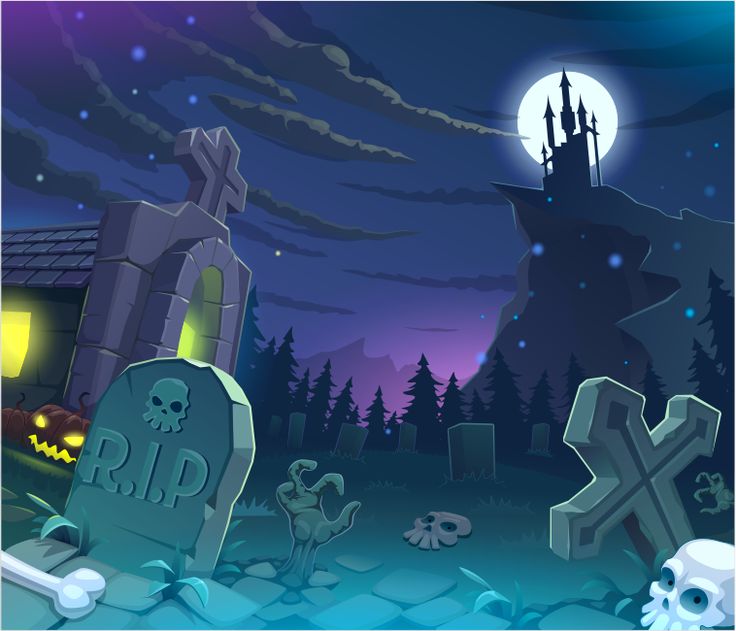 an animated halloween scene with tombstones and skulls