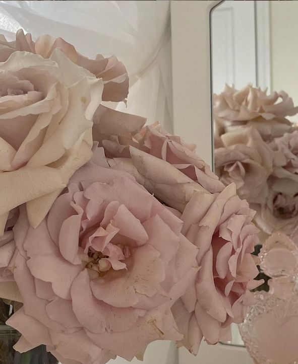 a vase filled with pink flowers next to a mirror