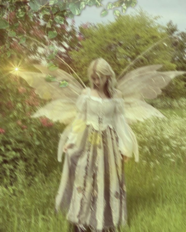 a woman dressed as a fairy standing in the grass