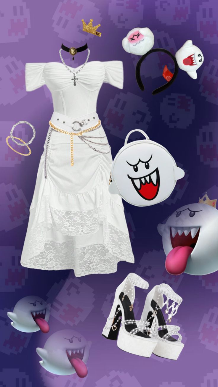 an assortment of items are displayed on a purple background, including white dress and headbands