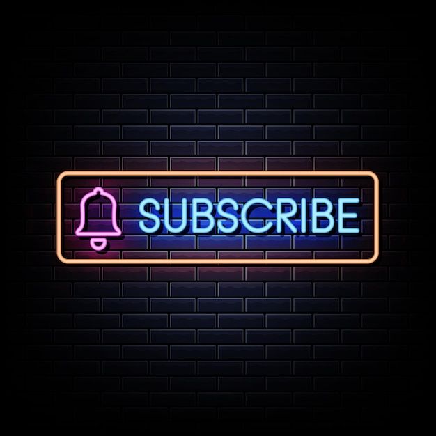 a neon sign that says subscribe on the side of a brick wall