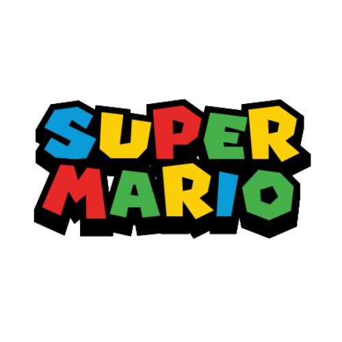 the words super mario written in colorful letters on a white background with black and red accents