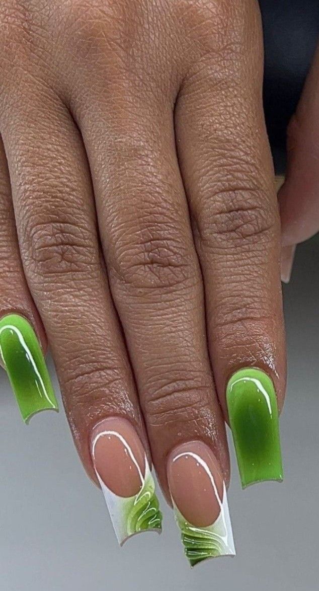 Nail Art Funky Designs, Cute Short Nails Green, African Nails Design Black Women, Aura French Tip Nails, Green Aura Nails, Ambre Nails, Handmade Nails, Tapered Square Nails, French Green