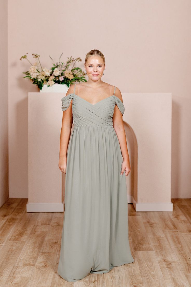 Model: Lauren; Size: 14 Wedding Parties Colors, Silver Sage, Dress Unique, Bridesmaid Dress Colors, Wedding Look, Skirt Pleated, Flowing Skirt, Unique Dresses, Wedding Looks