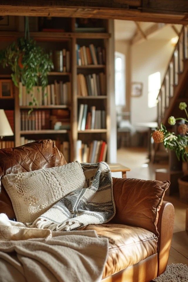 a living room filled with furniture and lots of books