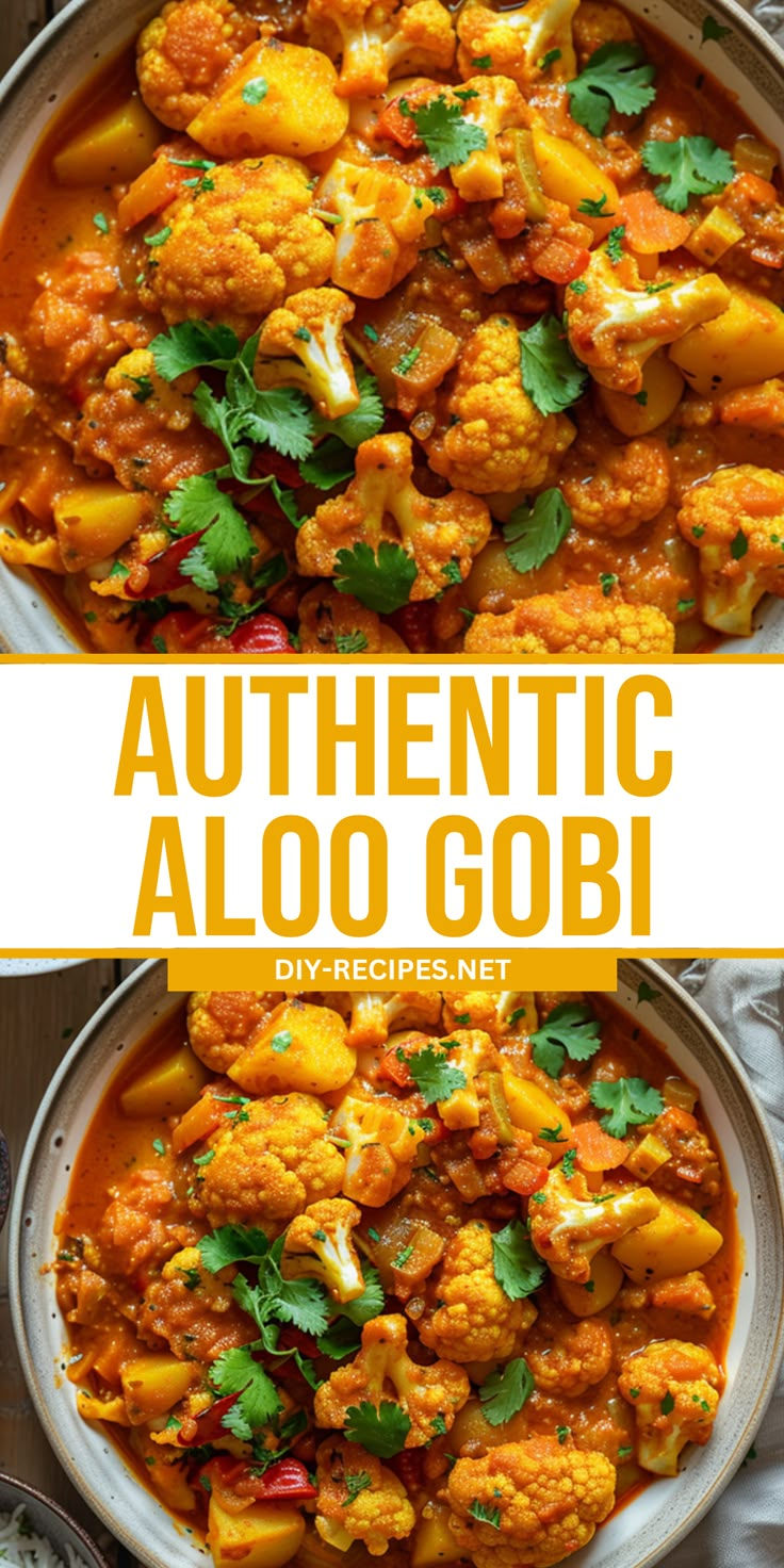 an overhead view of authentic aloo gobi with cauliflower and parsley