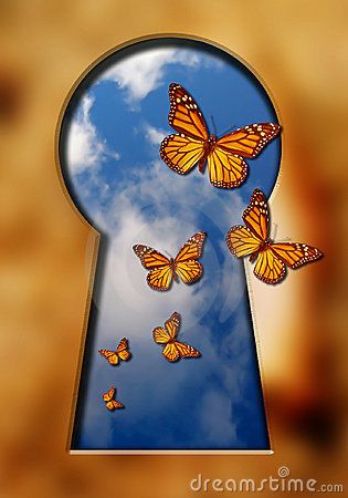 a keyhole with several butterflies flying out of it's opening and the sky in the background