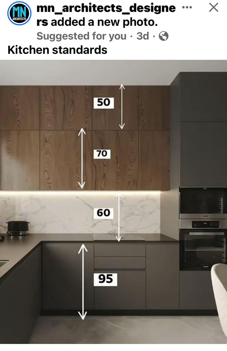 a kitchen with measurements for the cabinets and counter tops