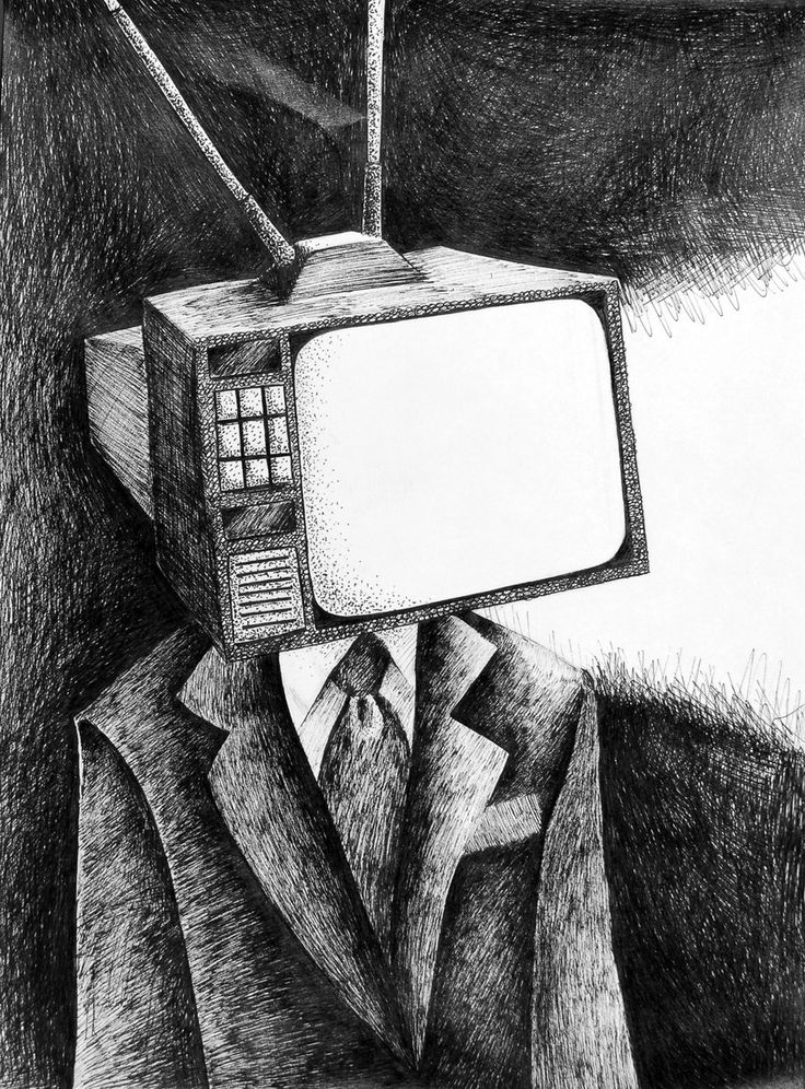 a drawing of a man with a tv on top of his head in the dark