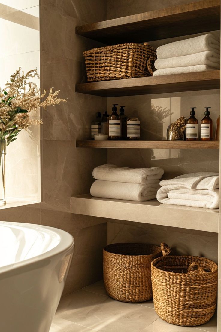 a bath room with a tub and shelves filled with towels