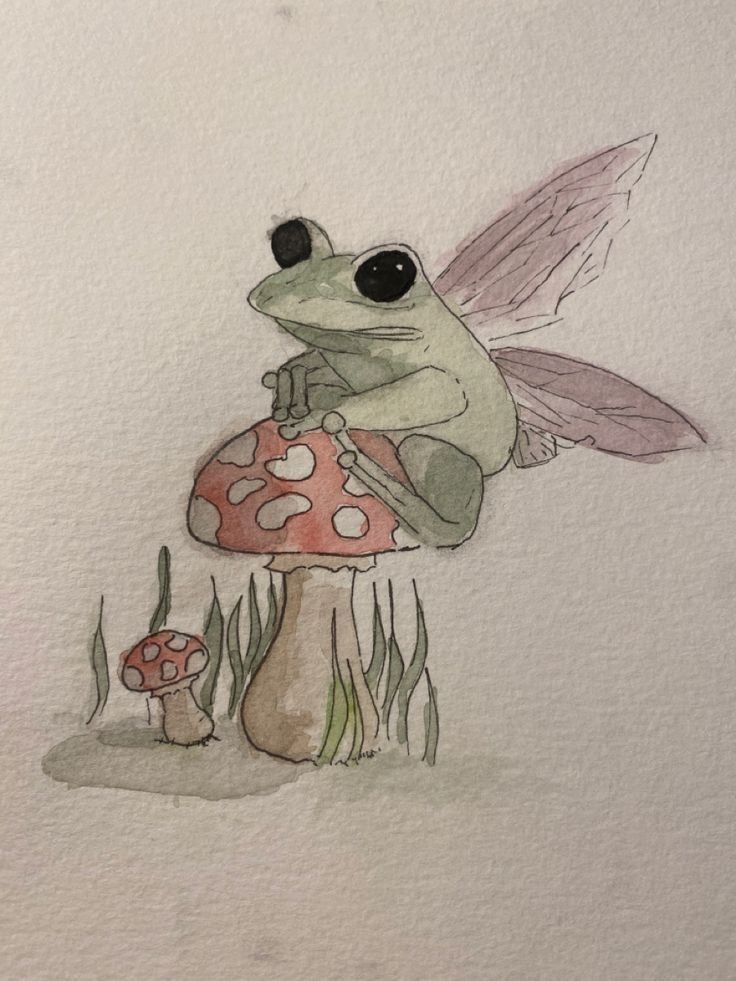 a drawing of a frog sitting on top of a mushroom