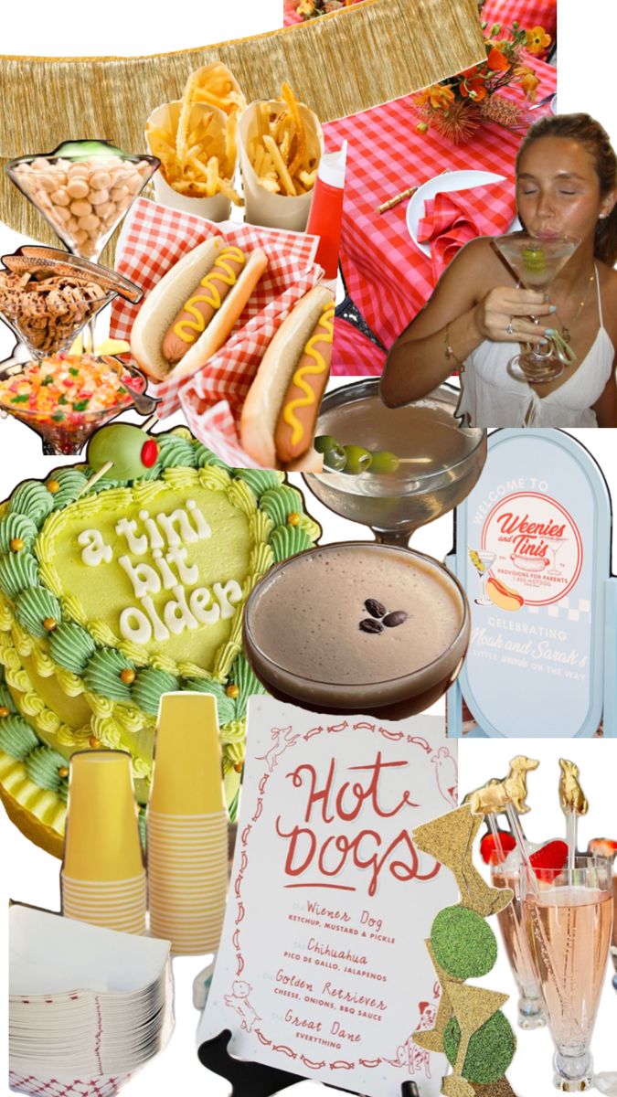 a collage of food and drink items including hotdogs, cocktail glasses, paper plates