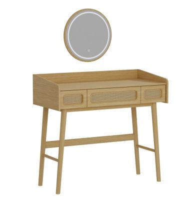 a wooden table with a mirror on it and a drawer under the counter top that has two drawers