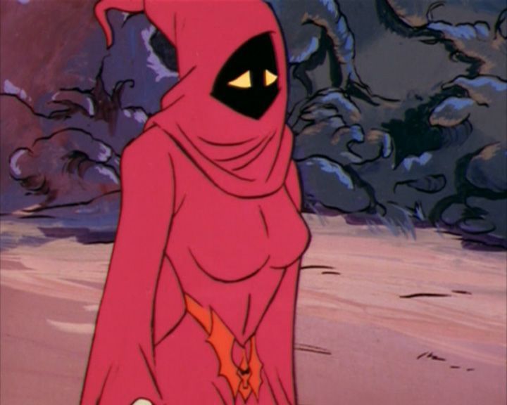 a cartoon character in a red caped outfit with yellow eyes and an evil look on his face