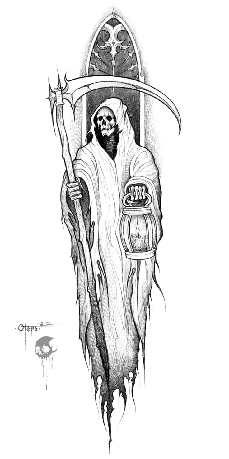 a black and white drawing of a demon holding a sceptacle in his hands