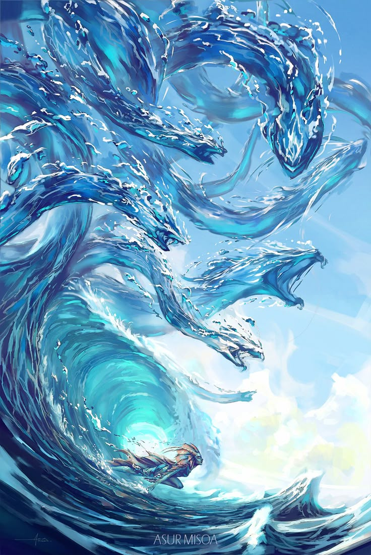 an artistic painting of blue waves in the ocean