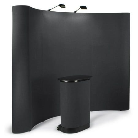 a black curved wall with two trash cans and a round table in the corner, on an isolated white background