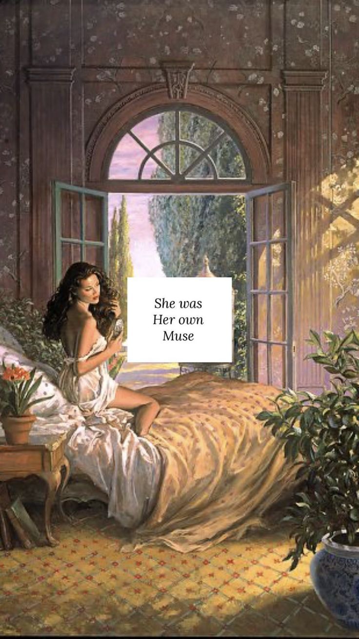 a painting of a woman laying in bed next to potted plants and a sign that says she loves her room