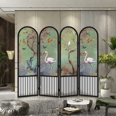 This screen features a solid wood frame paired with vintage-style artwork, adding a touch of classical charm to living rooms, entryways, and more. The foldable design allows for easy mobility and storage, making it perfect for both homes and guesthouses. Not only does it divide spaces, but it also enhances the visual appeal of interiors, offering a unique decorative effect. A Bestiary Living Size: 78.74" H x 94.49" W x 1.57" D, Number of Panels: 4 | A Bestiary Living Vintage Solid Wood Folding S Changing Screen, Folding Screen Room Divider, Wood Shelving Units, Screen Room Divider, Apartment Deco, Folding Room Dividers, Screen Room, Living Vintage, Wood Storage Cabinets