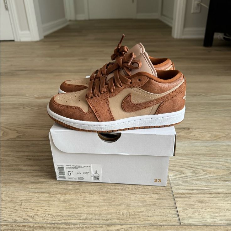 Brand New In Box. Beautiful Color Way In Women's Size 5.5. Brown Jordans, Brown Nike Air Jordans, Custom Brown Suede Sneakers With Cushioned Footbed, Nike Custom Brown Sneakers With Cushioned Footbed, Brown Leather Custom Sneakers With Boost Midsole, Jordans Brown Low, Nike Custom Leather Sneakers In Beige, Nike Custom Brown Suede Sneakers, Air Jordan 1 Coffee Brown