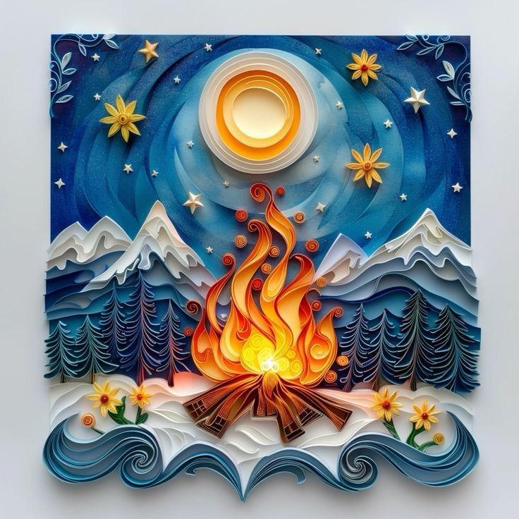 a paper cut art depicting a campfire with mountains and stars in the sky above it