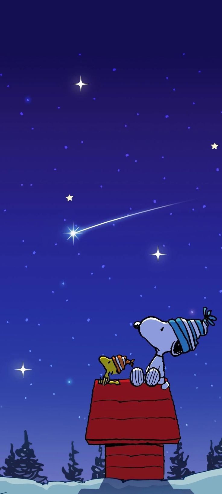 a cartoon dog on top of a roof looking up at the stars in the sky