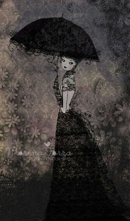 a drawing of a woman holding an umbrella over her head in front of a floral background